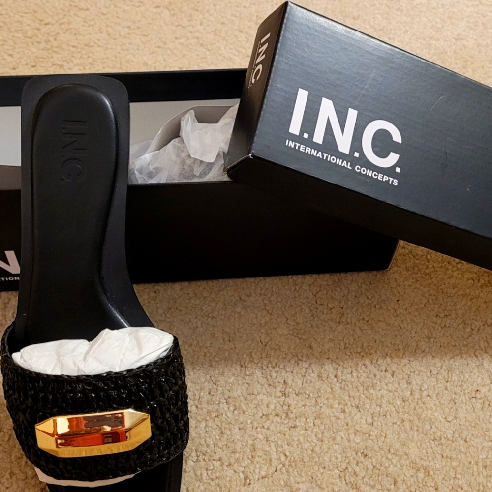 INC International Concepts Black Woven Slide Sandals with Gold Accent Plate